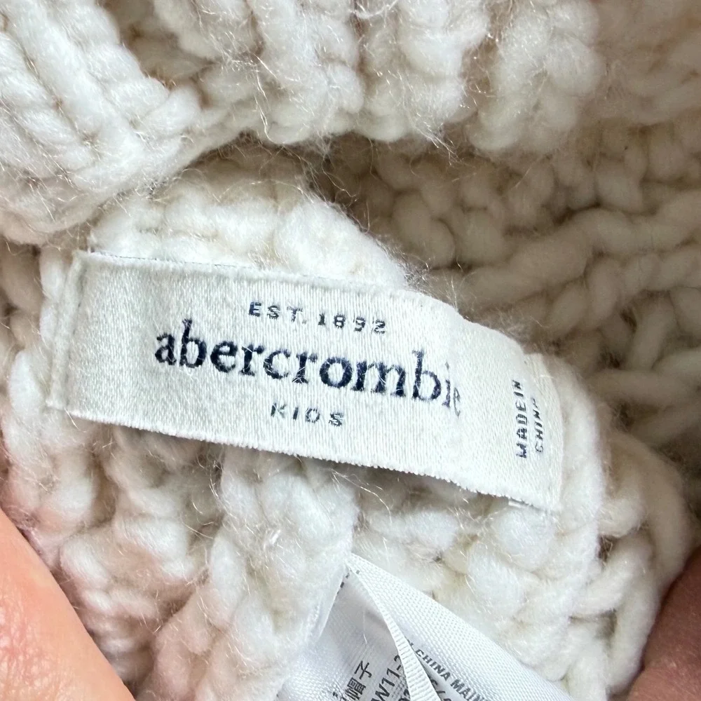 Abercrombie & Fitch Kids Cream Ribbed Knit Beanie with Faux‎ Fur Pom Pom A&F